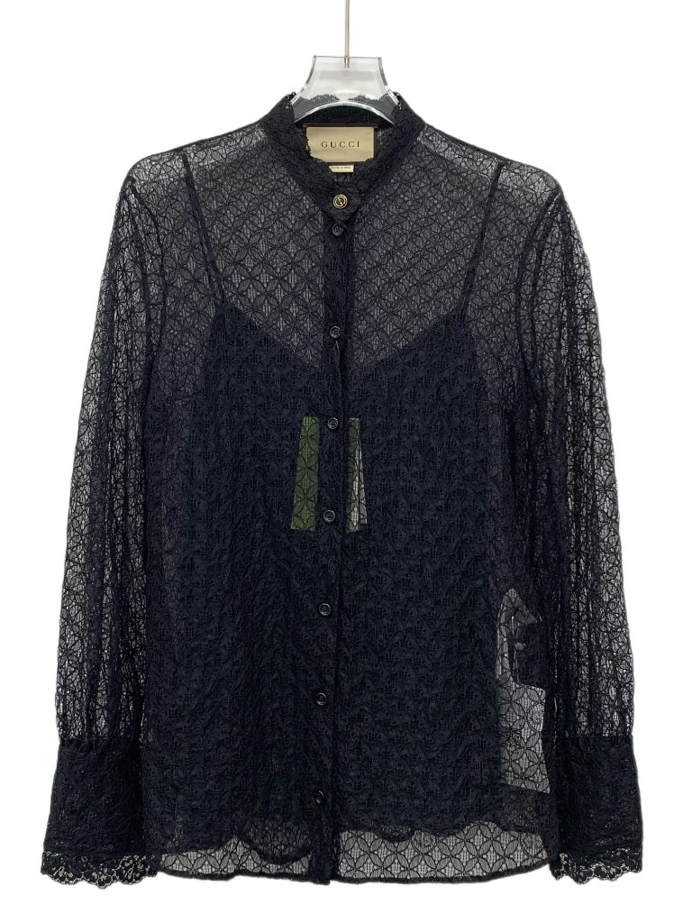 J30646 Gucci 22 Styles Black Hollow Floral Embroidery Shirt 40 L Size New W/ Tag